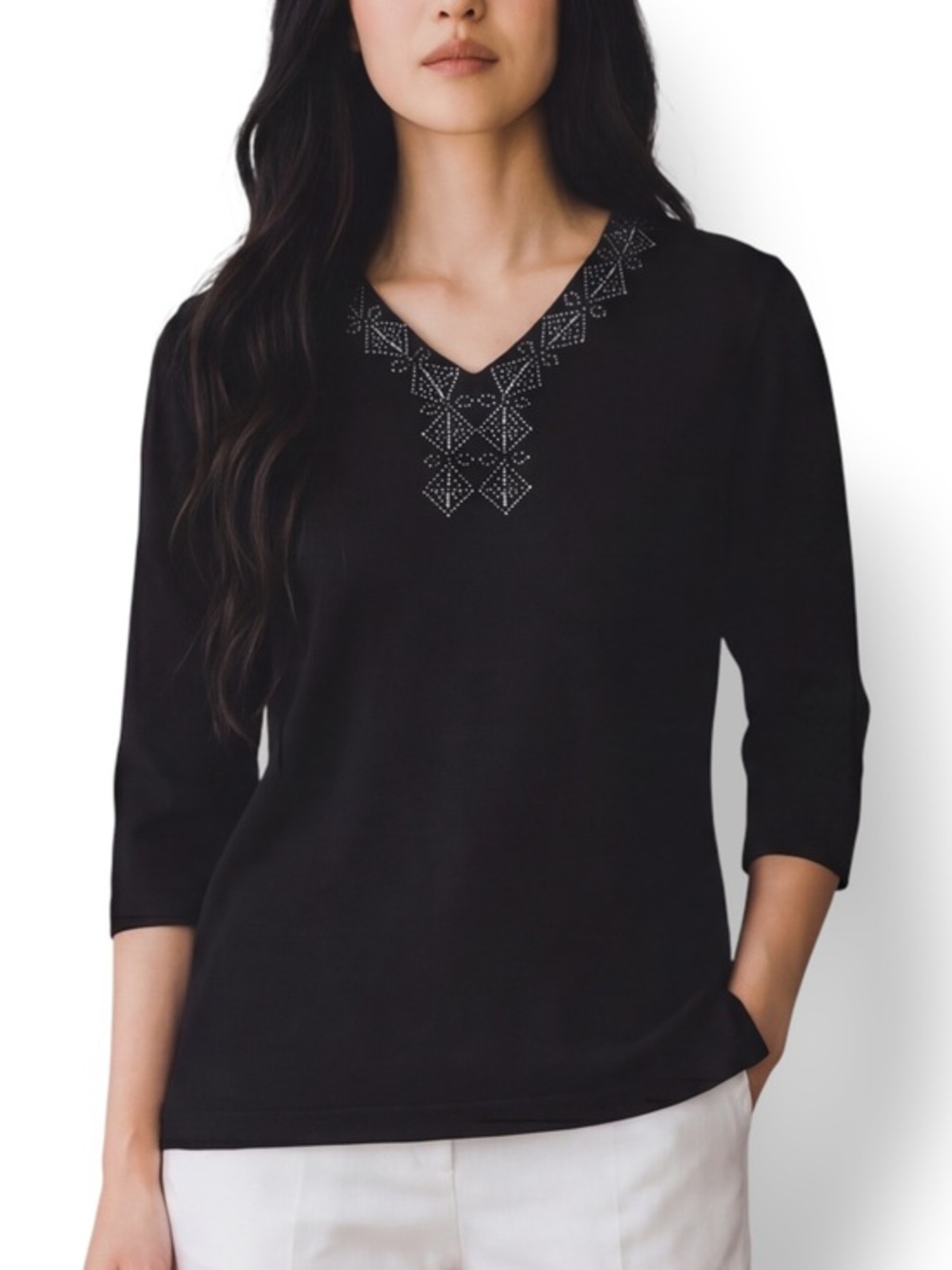 4/$20 Style & Co Petite Black Embellished V-Neck Knit Top PS